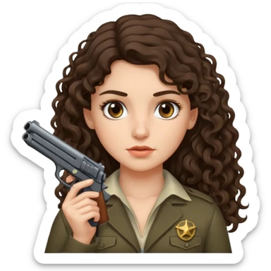 A brunette with long wavy, curly hair girl who is about to kill herself with a littlr gun pointed at her temple sticker