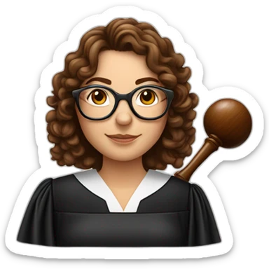 Caucasian female judge, gavel in hand, with round glasses and brown curly hair on her shoulder sticker