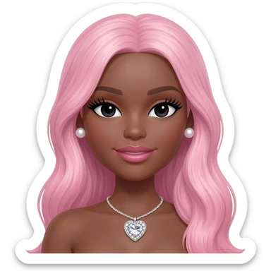 pearl earrings stud, Long giant lashes, Doll faced shaped,swarovski heart with Rhodium plated necklace, bimbo, black doll eyes, barbie, dark brown skin, with long pink hair, light pink, big breast sticker