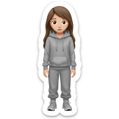 Chica grande  asustada de cuerpo completo mirado a la izquierda con pelo castaño largo  pantalones baggy  grises y hoodie gris  sticker