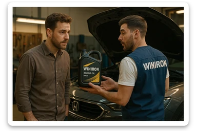 Create a realistic automotive workshop scene. Two men are standing next to a car with its hood open. One man is a customer listening attentively. The other man is a Winiron employee wearing a white T-shirt and a blue vest with a “WINIRON” logo on the back. The Winiron employee is holding and recommending a Winiron engine oil canister. Background shows a workshop interior with tools, soft warm lighting, realistic reflections on the car body. Cinematic, detailed, 8K hyper-realistic, professional commercial photography style. sticker