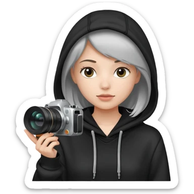 Young female, holding camera, black hoodie sticker