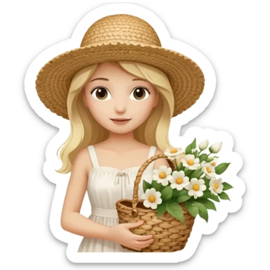 summer beautiful wicker hat, beach beige bag and bouquet of white flowers and blonde girl in Italy white dress sticker