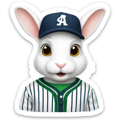 White rabbit wearing white and green stripe sweater and navy baseball cap sticker