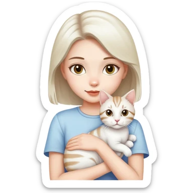 A beautiful girl holding a white tabby cat sticker
