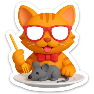 Make the cat orange, keep the 3D emoji style, cat wearing sunglasses and eating a mouse, with no background. The style should resemble Microsoft style 3D fluent emojis. sticker