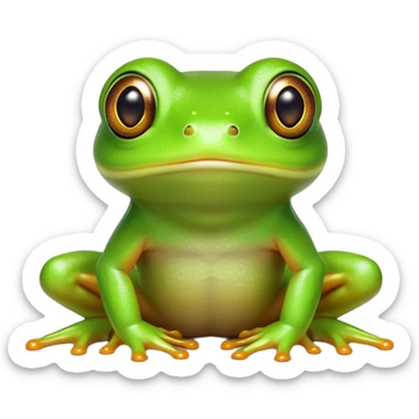 Cinematic Cute Green Tree Frog Portrait Emoji, Head tilted playfully and inquisitively, featuring a charmingly compact form with vivid green, slightly textured skin, prominent sticky toe pads, and round, sparkling eyes full of playful wonder, Simplified yet irresistibly adorable features, highly detailed, glowing with a warm, inviting jungle glow, high shine, affectionate and lively, stylized with a touch of tropical whimsy, soft glowing outline, capturing the essence of a mischievous yet loving frog that seems as if it could hop out of the screen into your arms! sticker