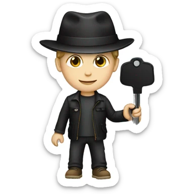 white boy with a black hat holding a car key sticker