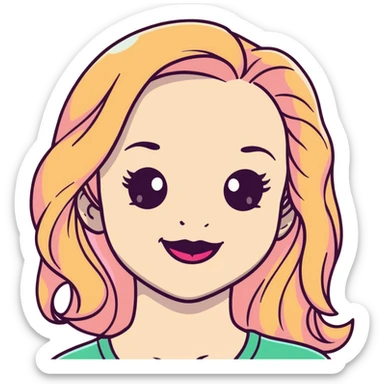 Young girl with pale skin, full pink lips smiling, blonde reddish long hair, big brown eyes with a hint of green, big mouth sticker