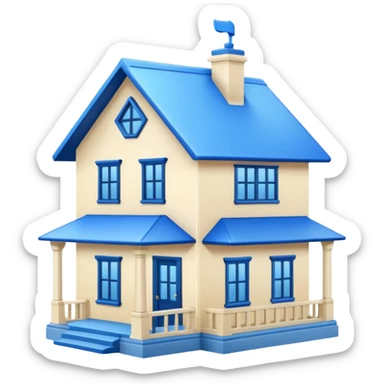 a creamy-colored house with blue trim and a blue roof sticker