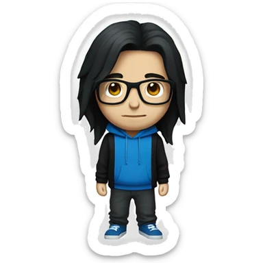 Guy with long black hair and square blue glasses and black hoodie, white skin sticker