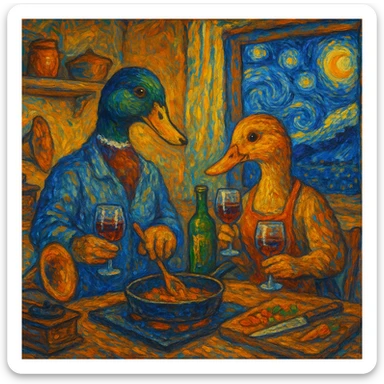 Van Gogh inspired scene of a male and female duck cooking together in a cozy kitchen, drinking wine, and listening to music, with a Starry Night sky visible through the window, 4:3 aspect ratio, painterly style, vibrant brush strokes, warm and cozy atmosphere sticker