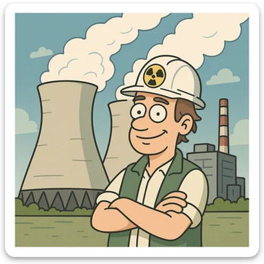 cartoon style nuclear power plant with large cooling towers emitting steam, blue sky, eco-friendly vibe sticker