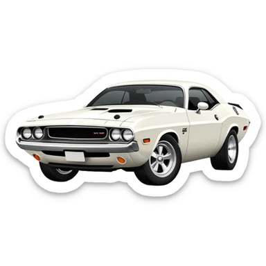 All-white 1971 Dodge Challenger from Tarantino's Death Proof, stylized iOS emoji look, clean white finish, iconic muscle car silhouette, simplified details sticker