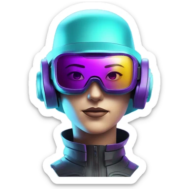 Secret humanoid agent in a futuristic hat with in Apple VR goggles headset code display on the goggles , cyberpunk, cyan and purple colors, only upper body portrait, front facing the camera  sticker