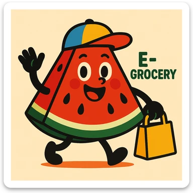 watermelon slice mascot with arms and legs, wearing a cap, representing an egrocery service, cheerful and inviting sticker