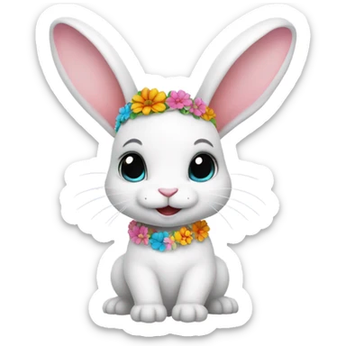 White bunny with short ears wearing a flower headband, flower necklace, and a flower bracelet  sticker