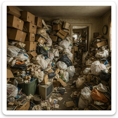 a cluttered house overflowing with boxes, bags, and random items, representing a hoarding house, detailed, chaotic, messy environment sticker