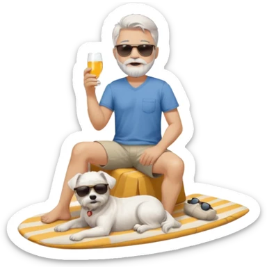 white man grey hair beard holding a white Maltese relaxing on a beach full body 1 dog sticker