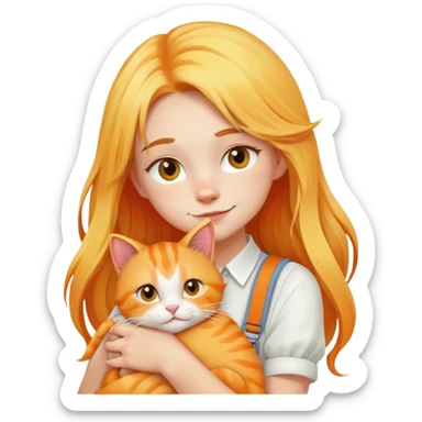 Caucasian girl - long yellow hair - white suspenders - hugging - a orange cat sticker