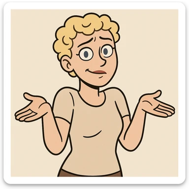 woman with short curly blonde hair and blue eyes, shrugging, cartoon style sticker