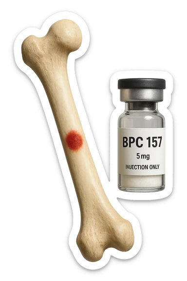 osso umano con red spot fluttua insiema a fiala medica con la scritta "BPC 157" SULL'ETICHETTA, iperrealistiche 4k sticker