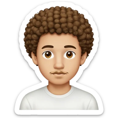 17 year old light-skinned boy with slightly brown smaller eyes, small mustache above lip, very curly hair like a small afro with cut sides, one single curl like an antenna falling on forehead, wearing a tight white shirt sticker