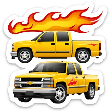 Yellow 1997 Chevrolet Silverado Crew Cab with prominent red flame graphics on the hood and front fenders, 30-degree angle, iconic Kill Bill truck, iOS emoji style sticker