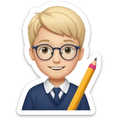 boy kid with glasses → holding a pencil with school uniform sticker