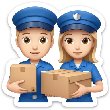 two suppliers in blue uniforms and caps holding a big box together, different pose sticker