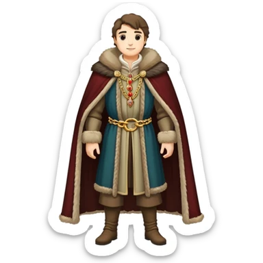 Full body of wealthy medieval merchant in fine clothes, fur-trimmed cloak, and gold chain sticker