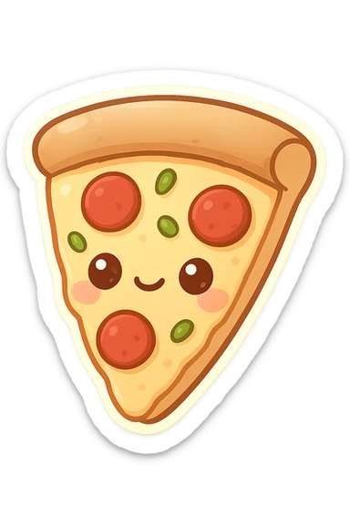 chibi sticker-style slice of pizza, cute and exaggerated sticker