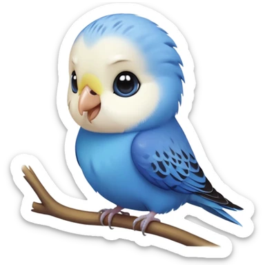 cinematic-cute-blue-budgie-portrait-emoji,-head-tilted-playfully-and-inquisitively,-featuring-a-brilliant-blue-feathered-fur-and white face-with-a-natural-sheen,-round,-sparkling-dark-eyes-filled-with-curiosity,-simplified-yet-irresistibly-adorable sticker