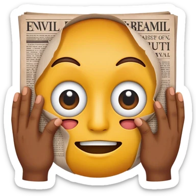 generate a yellow-circle face emoji of a newspaper being held by two hands on the sides and has eye holes cut out for the face's eyes to peak through sticker