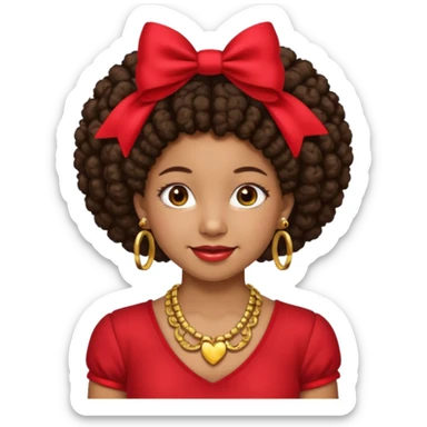 Brownskin girl dark brown hair afro pigtails with red bows brown eyes smiling closed mouth red shirt gold esrrings gold necklace sticker