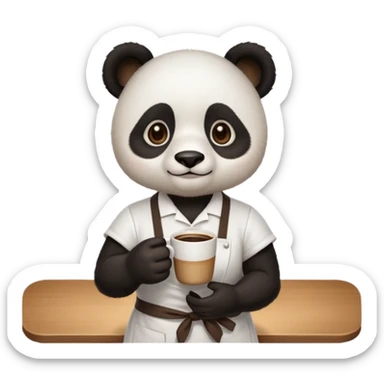 barista panda, wearing apron, holding coffee sticker