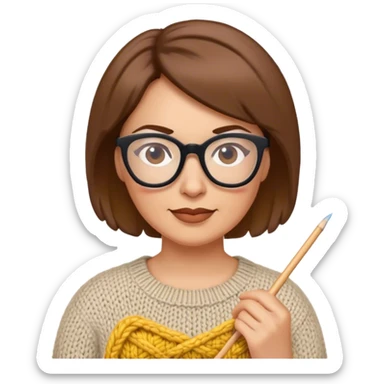 Mid aged woman with glasses and short brown hair knitting sticker