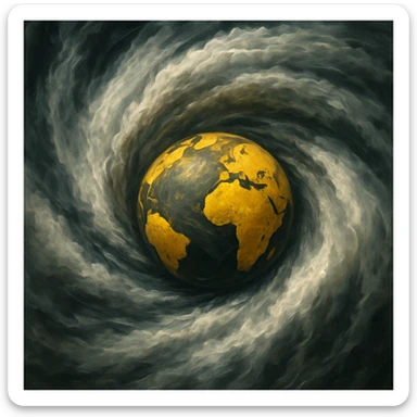 yellow globe caught in a powerful hurricane, swirling clouds, sense of movement sticker