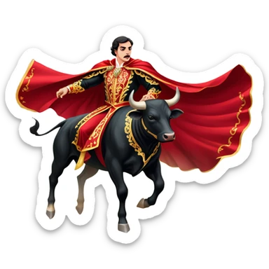 ​Cinematic Realistic Spanish Matador in Action, depicted in an ornate traje de luces with a flowing red cape, captured in the dramatic moment of confronting a charging bull in a traditional bullring, rendered with dynamic motion and dramatic lighting that encapsulates the intensity and artistry of the spectacle, sticker