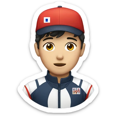 young guy with small wavy hair korean race suit with side profile and hat sticker