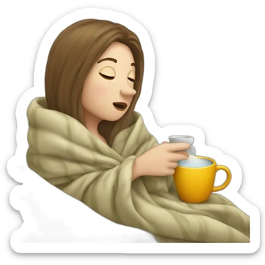 sick white woman in a blanket drinking from a hot cup sticker