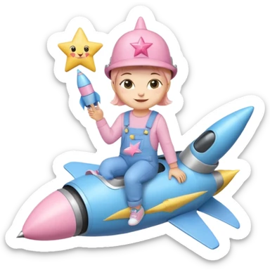 sweet kitten with pastel blue overalls, pastel blue sneakers, pastel pink star hat, sitting on a rocket, smiling, emoji style sticker