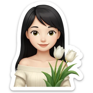 girl with long black hair, thin bangs, black eyes, cream off-shoulder sweater, smiling, holding white tulips sticker