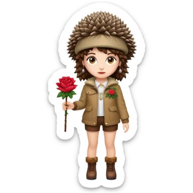 full body woman short curly brown mullet hair brown eyes white skin wearing hedgehog hat and thorny rose jacket sticker