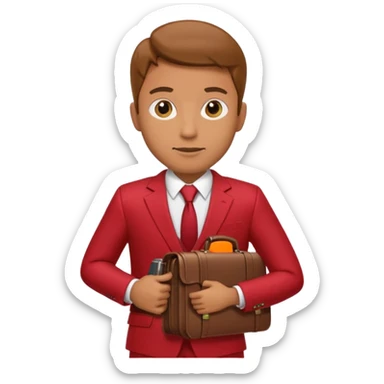 A businessman in a crimson suit with a briefcase sticker