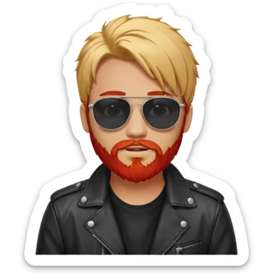 generate an ios genmoji of a 20 year old tan boy with black sunglasse Wearing a leather jacket. Has a dyed blonde beard and veryyyyy long red hair sticker