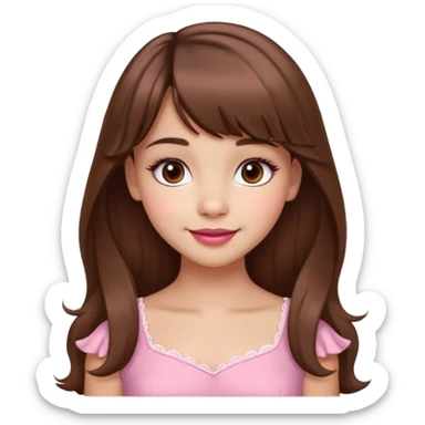 A cute girl with medium skin, soft pinkish cheeks, large bambi dark hazel eyes with long eyelashes, long wavy brown hair with bangs, medium straight nose with a soft tip, medium natural red lips, very feminine and pretty features, wearing a beautiful pink dress.l sticker
