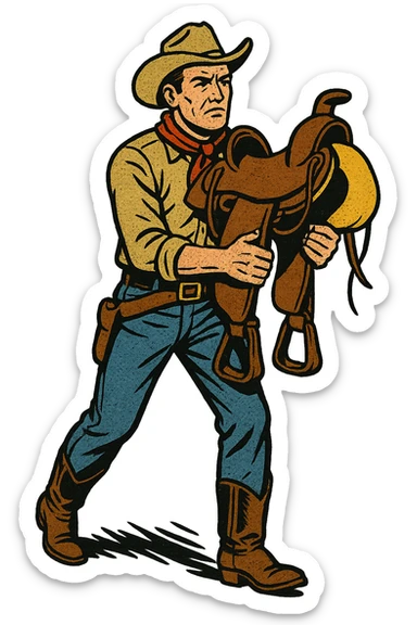 The full body of cowboy holding a saddle from the American West in the 1860s.  sticker