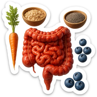 intestino umano anatomico infiammato al centro con carota, bowl di avena, mirtilli, bowl di semi di chia che gli fluttuano intorno , iperrealistico 4k sticker