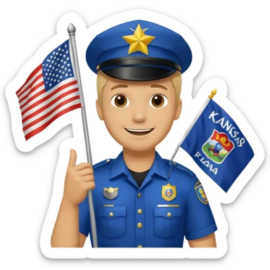 A blond male cop holding a Kansas flag sticker